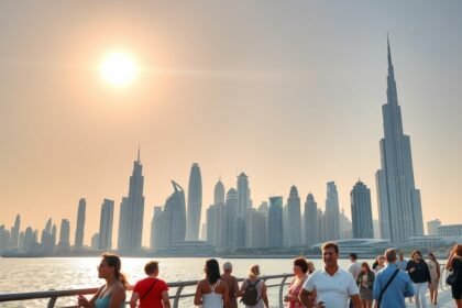 Dubai városképe turista csoportokkal a Burj Khalifa mögött.
