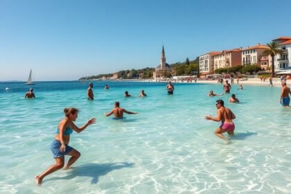 Emberek játszanak a vízben a Bačvice strandon Splitben, Horvátországban.