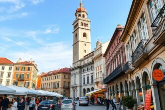 Split Gyümölcs tér hangulatos utcáján, a középkori toronnyal