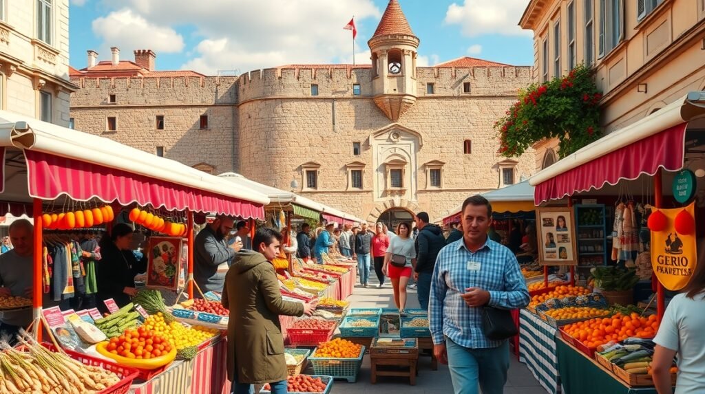 Split piac, friss helyi termékekkel a palota falainál.