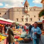 Split piac, friss helyi termékekkel a palota falainál.