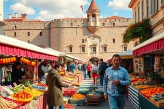 Split piac, friss helyi termékekkel a palota falainál.