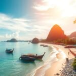 Gyönyörű tengerparti táj Phuket és Koh Samui, hajók a vízen, pálmafák, naplemente.