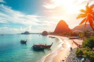 Gyönyörű tengerparti táj Phuket és Koh Samui, hajók a vízen, pálmafák, naplemente.