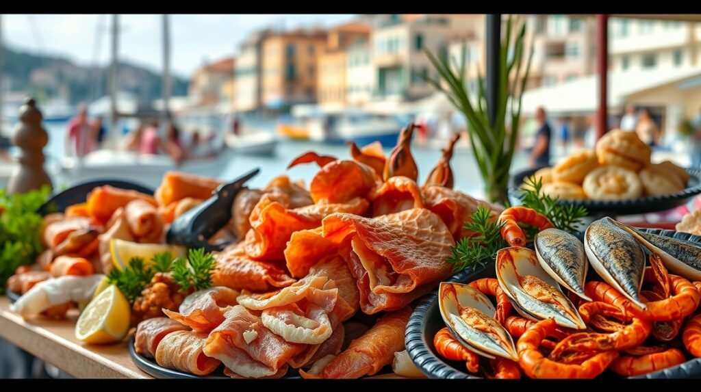 Dalmát pršut és tenger gyümölcsei egy étkezőasztalon Splitben.