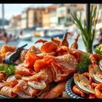 Dalmát pršut és tenger gyümölcsei egy étkezőasztalon Splitben.
