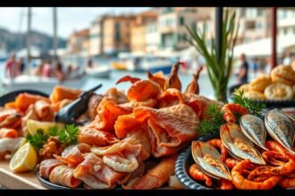 Dalmát pršut és tenger gyümölcsei egy étkezőasztalon Splitben.