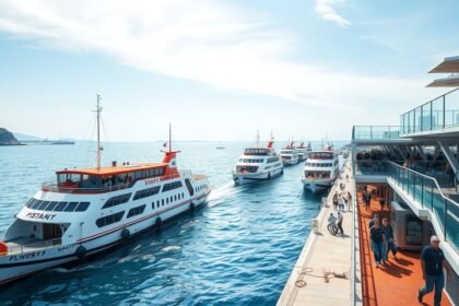 Split kompkikötő hajók az Adriai tengeren, turisták az útvonalon