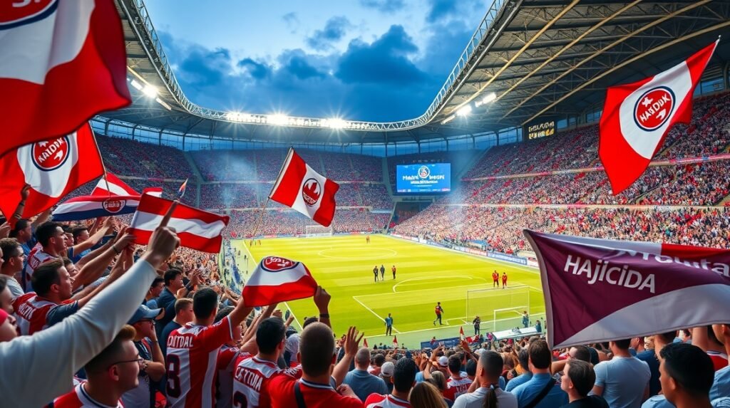 Hajduk Split szurkolói a Poljud stadionban, lobogó zászlókkal.