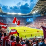 Hajduk Split szurkolói a Poljud stadionban, lobogó zászlókkal.