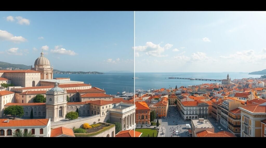 Split város nézete a Diocletianus palotájával és a tengerrel