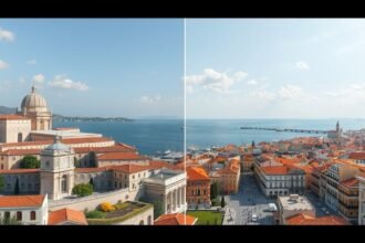 Split város nézete a Diocletianus palotájával és a tengerrel