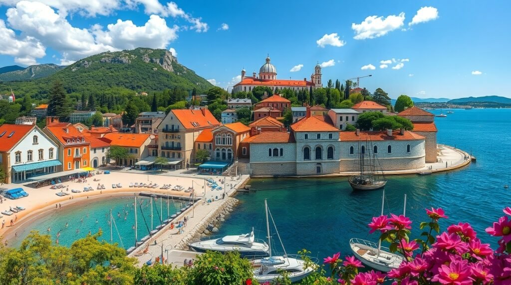 Split város panorámája, szép stranddal és nyaralóházakkal.
