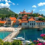 Split város panorámája, szép stranddal és nyaralóházakkal.