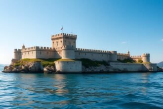 A Kamerlengo erőd Trogirban, Horvátország, tengerparti panorámával.
