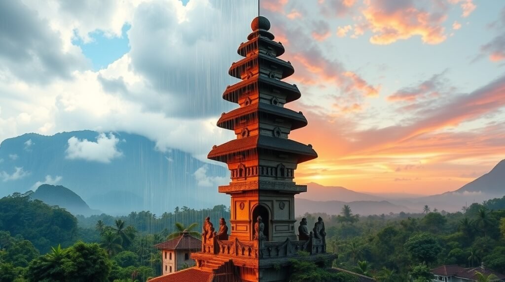 Bali templom esős és száraz évszak kontrasztja