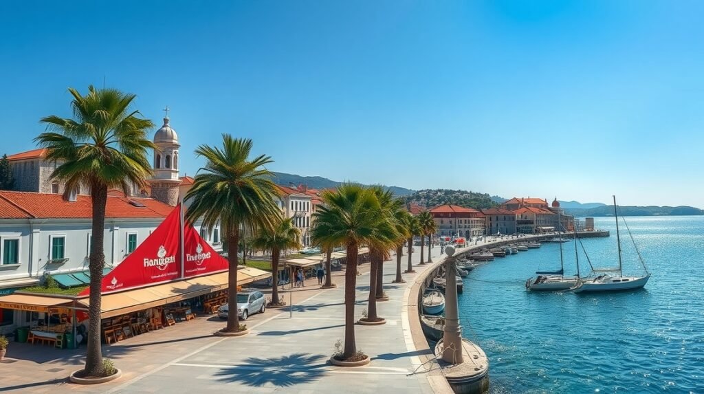 A Trogiri Riva sétány, pálmafák és a tenger varázsa