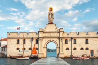 Az Északi Kapu Trogir középkori építészete és Szűz Mária szobra