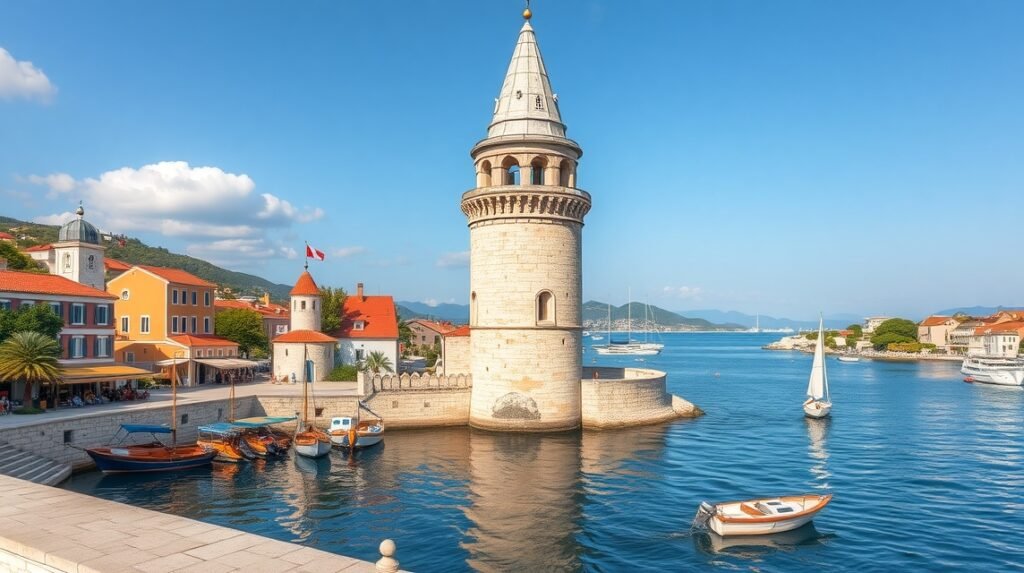 A gyönyörű Szent Márk-torony Trogirban, Horvátországban.