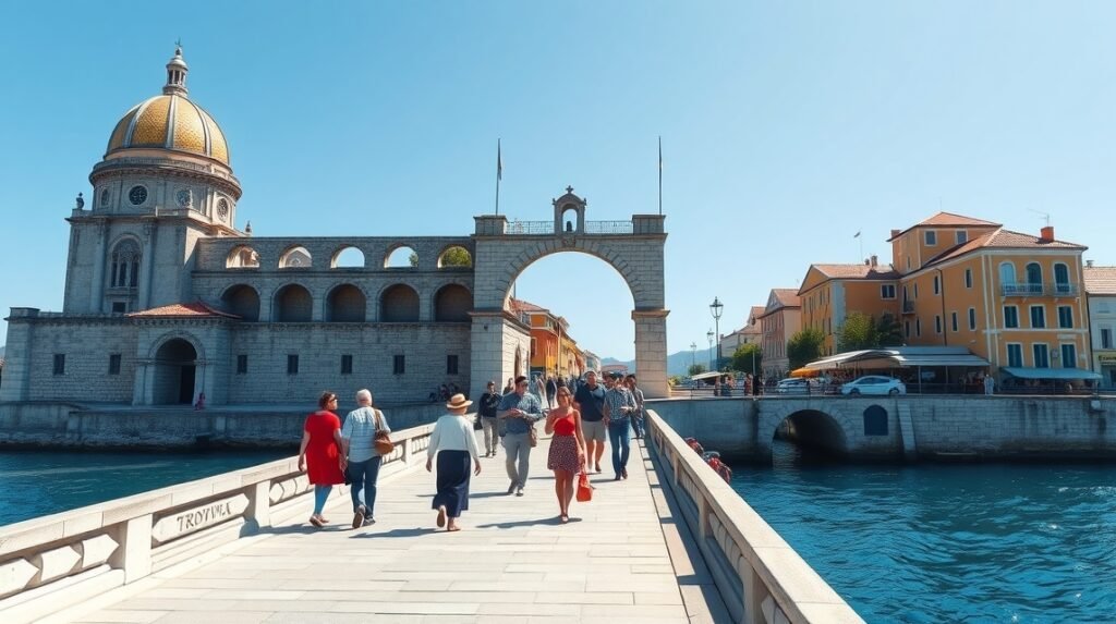 Trogir hídján sétáló emberek a Čiovo sziget felé