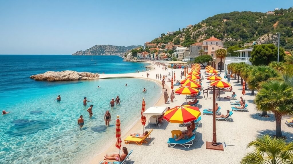 Okrug Gornji Copacabana strand közelről, napernyők és fürdőzők