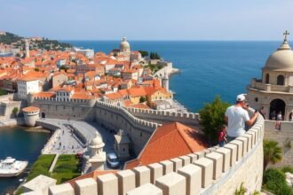 Látkép Dubrovnik városfalairól, tavaszi napsütésben.