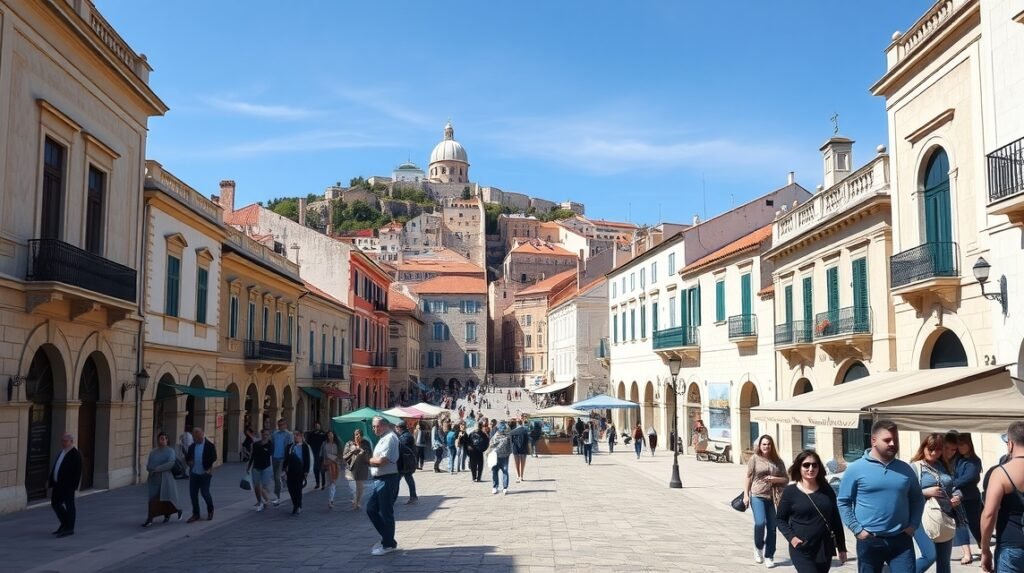 Sétálóutca Dubrovnikban, a Stradun kövezete és történelmi épületei
