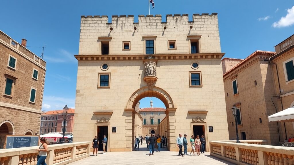 A Pile-kapu Dubrovnik óvárosának híres bejárata történelmi falakkal.