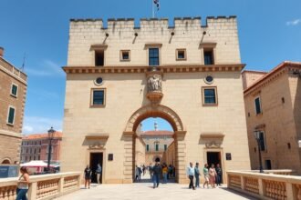 A Pile-kapu Dubrovnik óvárosának híres bejárata történelmi falakkal.