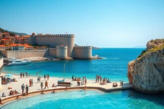 Banje strand látképe Dubrovnikban, fehér homok és történelmi falak.