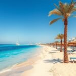 Gyönyörű tengerpart Hurghadában, pálmafák és napernyők mellett