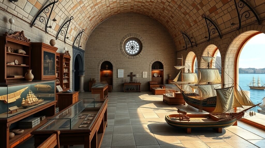 A Dubrovniki Tengerészeti Múzeum belső tere, hajómodellekkel és tengeri kincsekkel.