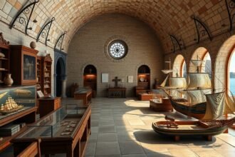 A Dubrovniki Tengerészeti Múzeum belső tere, hajómodellekkel és tengeri kincsekkel.