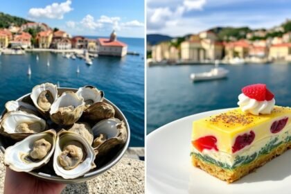 Friss osztrigák Stonból és Rožata desszert a tenger mellett