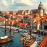 Dubrovnik óvárosa tengeri kereskedelmi hajókkal és történelmi épületekkel