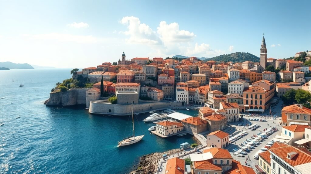 Dubrovnik városának panorámája a tengerparton, Horvátországban.
