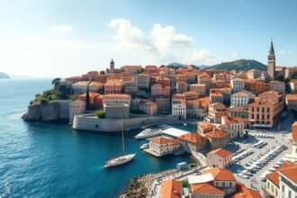 Dubrovnik városának panorámája a tengerparton, Horvátországban.