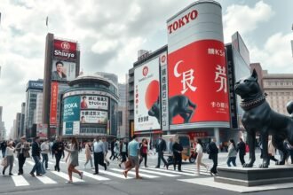 Shibuya Crossing és Hachiko szobra Tokióban, emberek a zebrán