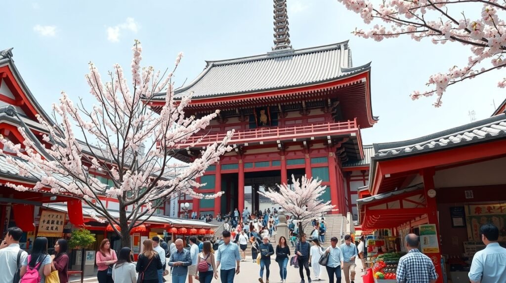 Senso-ji templom Asakusában, cseresznyevirág és látogatók a kapu előtt.