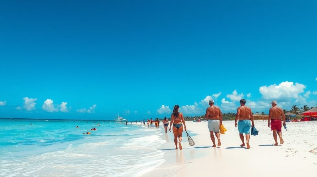 Látogatók sétálnak Cancún strandján napfényes időben.