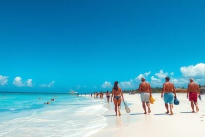 Látogatók sétálnak Cancún strandján napfényes időben.