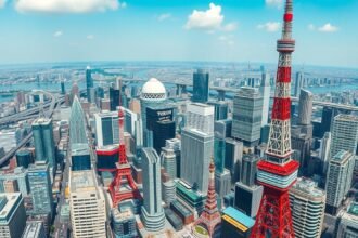 Kilátás a Tokyo Skytree toronyból Tokió városára, üvegpadlóval.