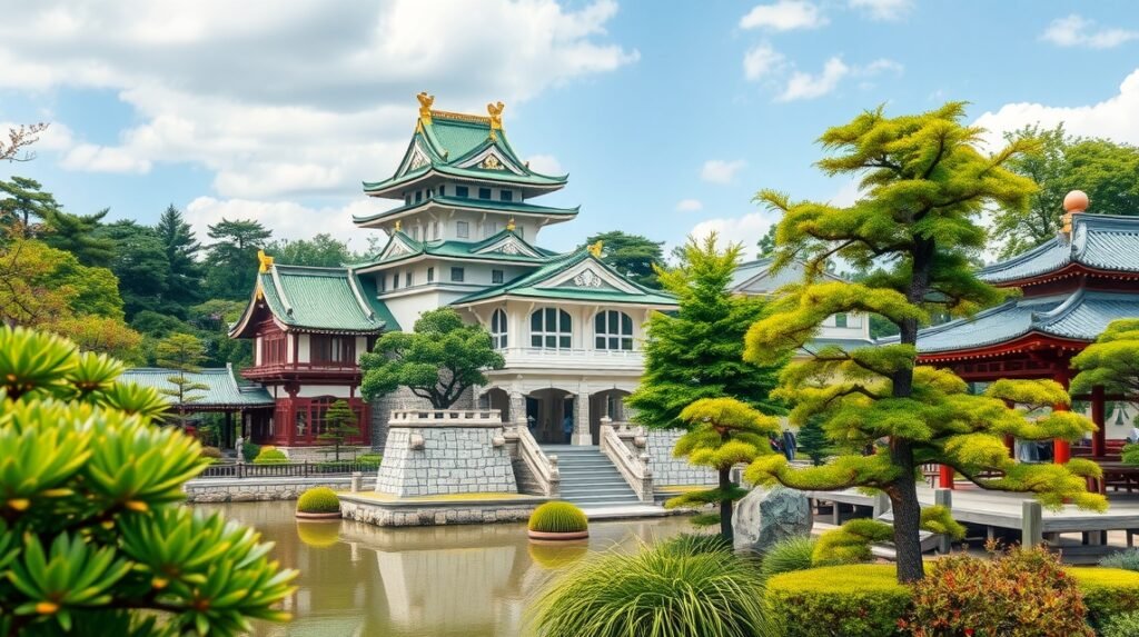 A Császári Palota és Keleti Kert varázslatos látképe Tokióban.