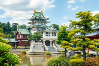 A Császári Palota és Keleti Kert varázslatos látképe Tokióban.