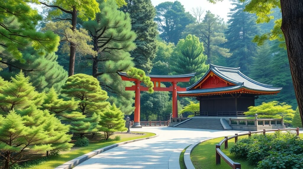 A Meiji-szentély erdős környezete Tokióban, hagyományos torii kapukkal.