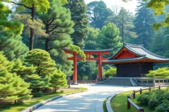 A Meiji-szentély erdős környezete Tokióban, hagyományos torii kapukkal.