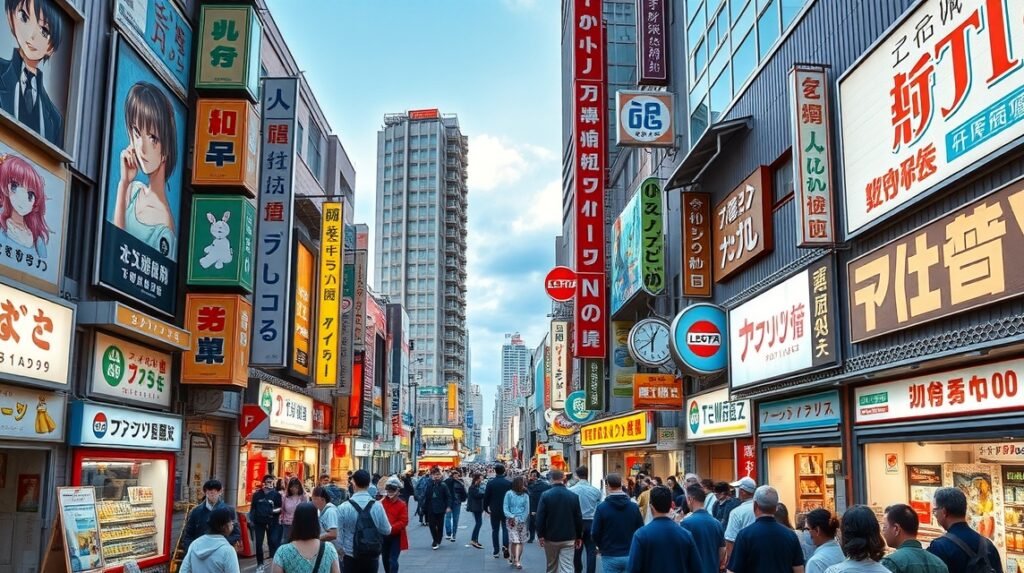 Akihabara neonfényes utcája Tokióban, anime és elektronika boltokkal.