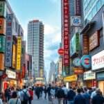 Akihabara neonfényes utcája Tokióban, anime és elektronika boltokkal.