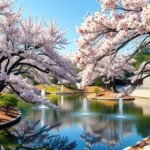 Sakura fák és tükörkép a Shinjuku Gyoen Nemzeti Kertben Tokióban.