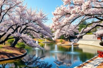 Sakura fák és tükörkép a Shinjuku Gyoen Nemzeti Kertben Tokióban.